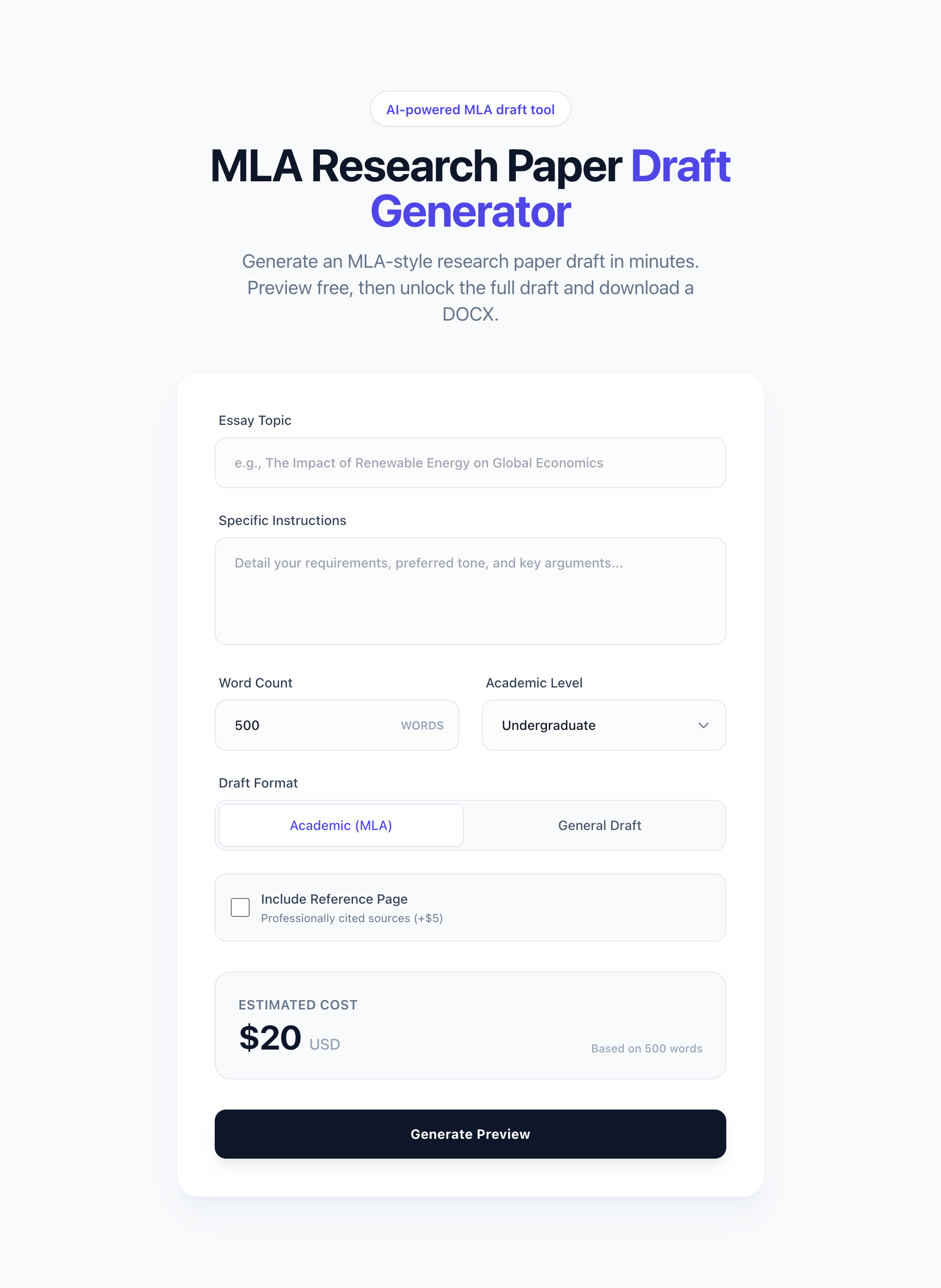 AI-powered MLA draft tool - AI & Academic Tool project